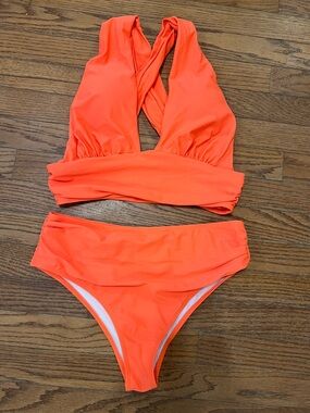 Neon Orange Bikini Set Twist Front High Waisted Size M